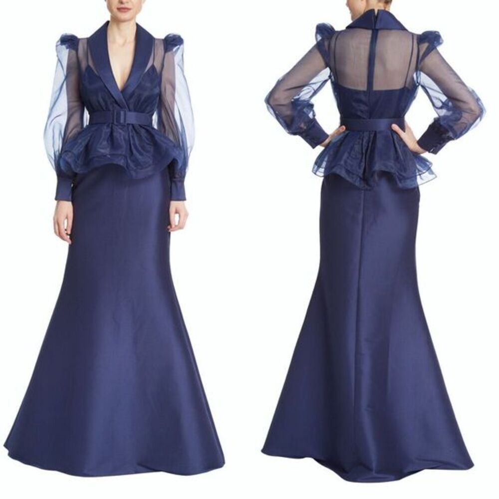NWT Badgley Mischka Long Sleeve Organza Peplum Shirtdress Mermaid Gown Navy Sz 6